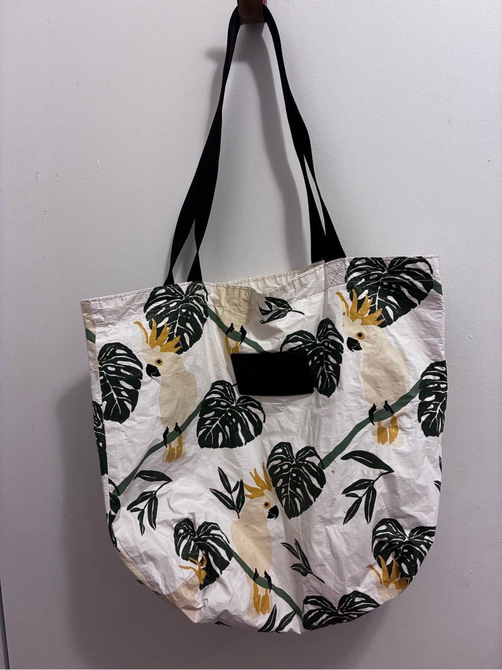 Aloha monstera leaf Cockatoo Print Canvas Tote Bag in White and Green